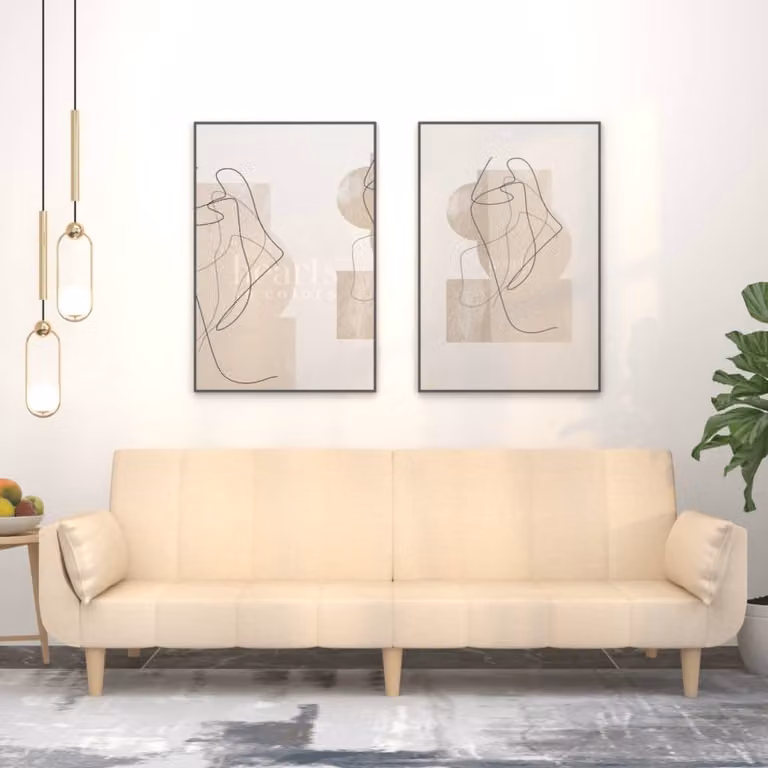 vidaXL Divano Letto Click-Clack a 2 Posti in Tessuto Beige con Cuscini e Struttura in Legno Solido, Dimensioni Letto: 90 x 200 cm