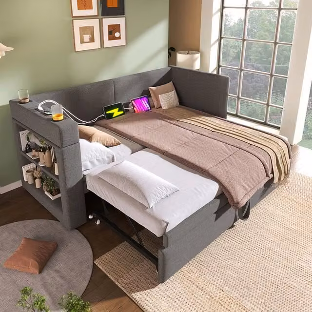 Letto a giorno-Xylo-90x200 cm-ribaltabile, USB-C, portabicchieri, misto lino, grigio