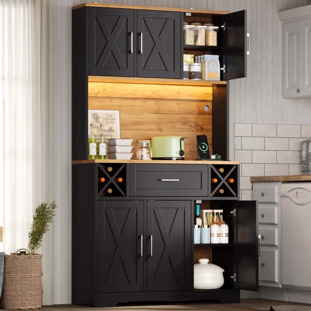 Mobile colonna da cucina Mivray in MDF con LED integrati, portavino e presa elettrica, colore naturale e nero, L/P/H: 105 x 40 x 180 cm – 2