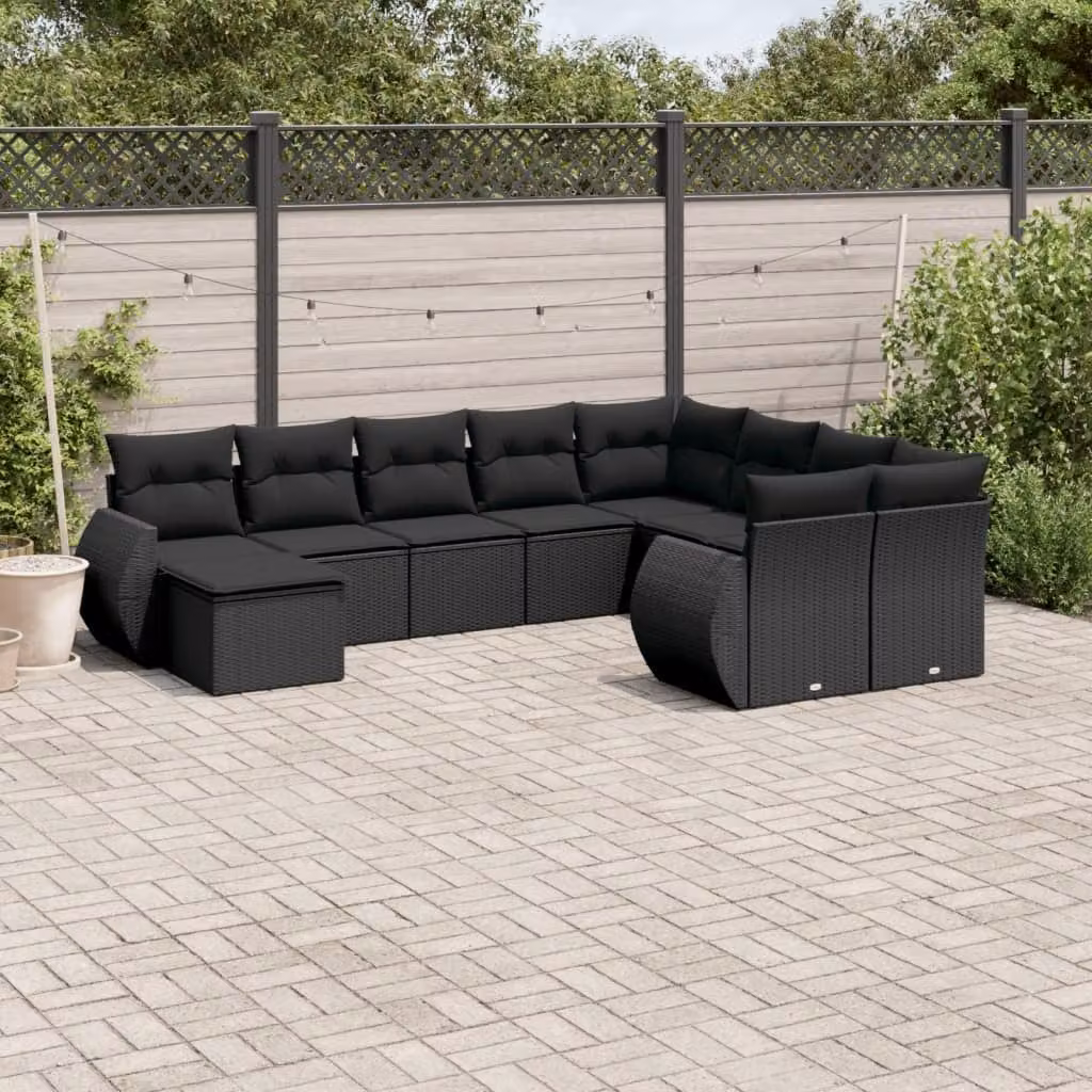 vidaXL Set Divani da Giardino a L 10 Pezzi in Polyrattan Nero con Cuscini e Tavolino – 1