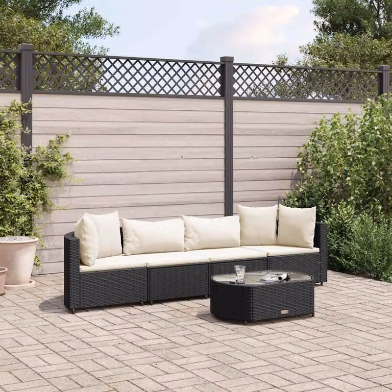 Set Divani da Giardino vidaXL 5 Pezzi Moderno con Cuscini e Tavolino in Polyrattan e Acciaio Nero