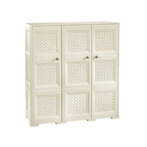 MA MAISON Armadio in Plastica 118 x 43 x 125 cm con 3 Ante Traforate e Puntali – Mobile Salvaspazio Decorativo per Zona Living e Ingresso (Angora)