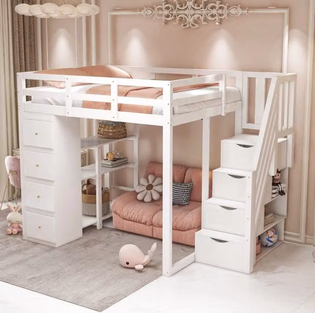 Letto a soppalco REDOM in legno massello bianco con 4 cassetti e scala per bambini L/P: 140 x 200 cm