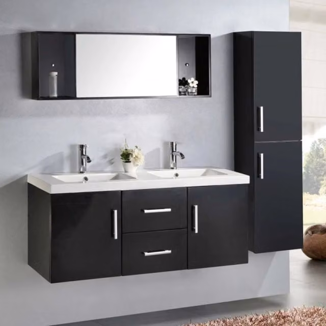 Mobile Bagno Moderno Malibù con Colonna e Lavabo, Nero e Bianco, Larghezza: 120 cm – 1
