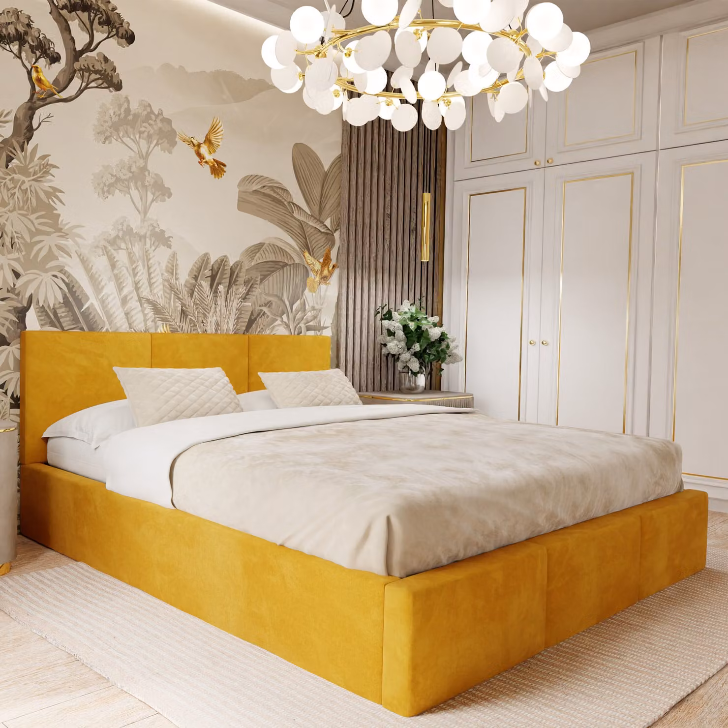 Muralo Letto imbottito per camera da letto Letto imbottito con rete e molla a gas Letto con testiera imbottita Letto 120x200 Letto con contenitore Giallo