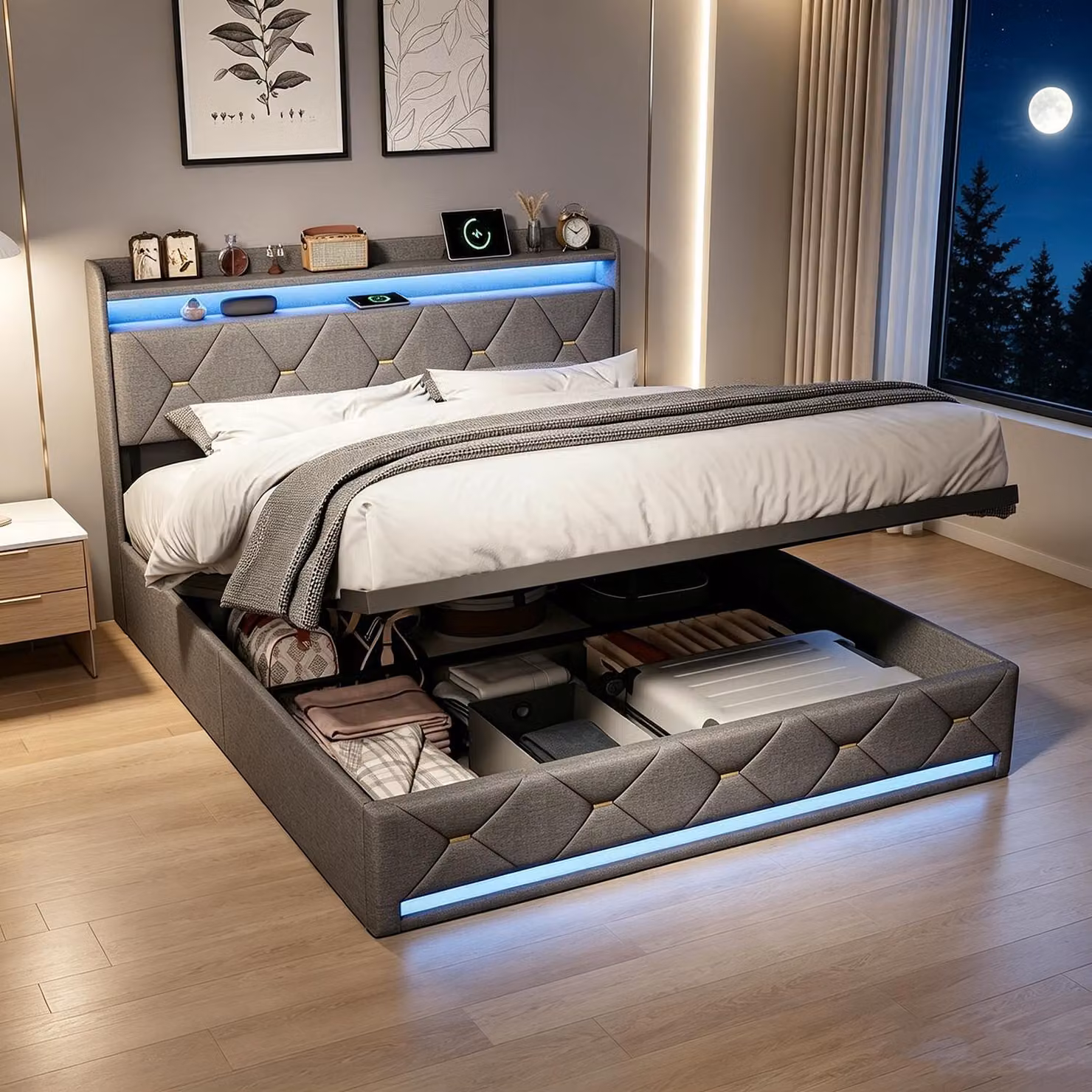 Letto matrimoniale con boxspring, imbottito, 140x200 cm, con LED e USB/C. Letto idraulico con spazio contenitore e testiera. Struttura del letto matrimoniale con rete a doghe, lenzuola, colore grigio