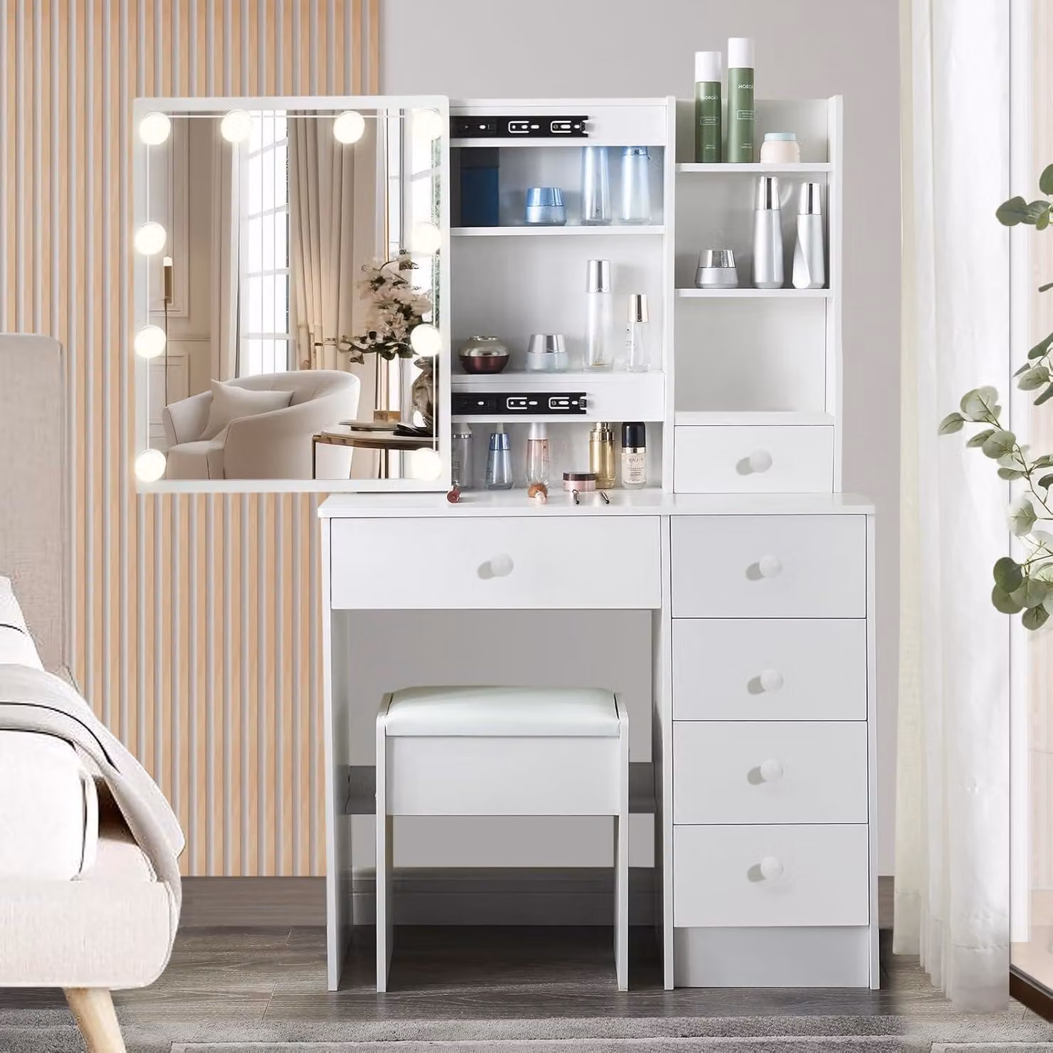 Comò da trucco con illuminazione e sgabello, 6 cassetti, in MDF, dimensioni 36x80x131 cm