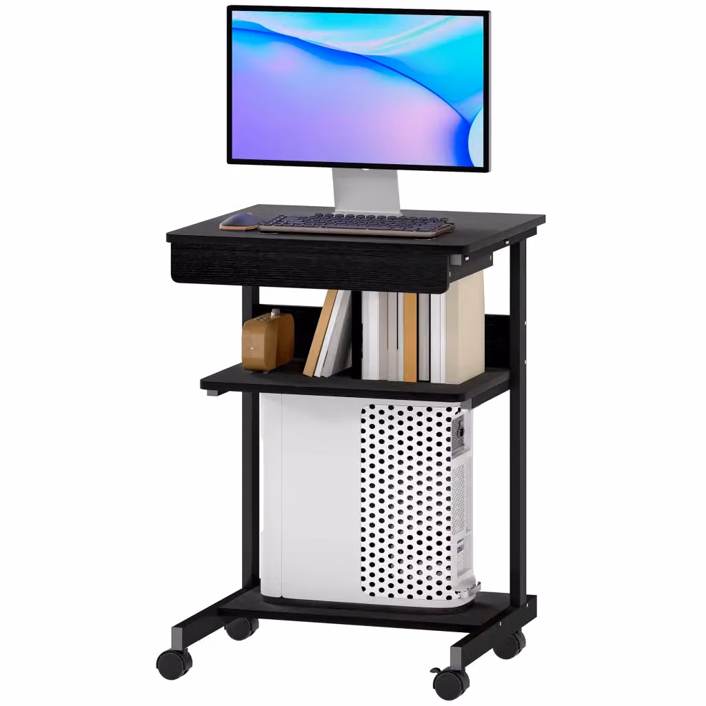 Scrivania PC Minimal con Cassetto e Ripiani in Legno e Metallo, Nero, L: 56 cm, P: 51 cm, H: 79 cm – 2