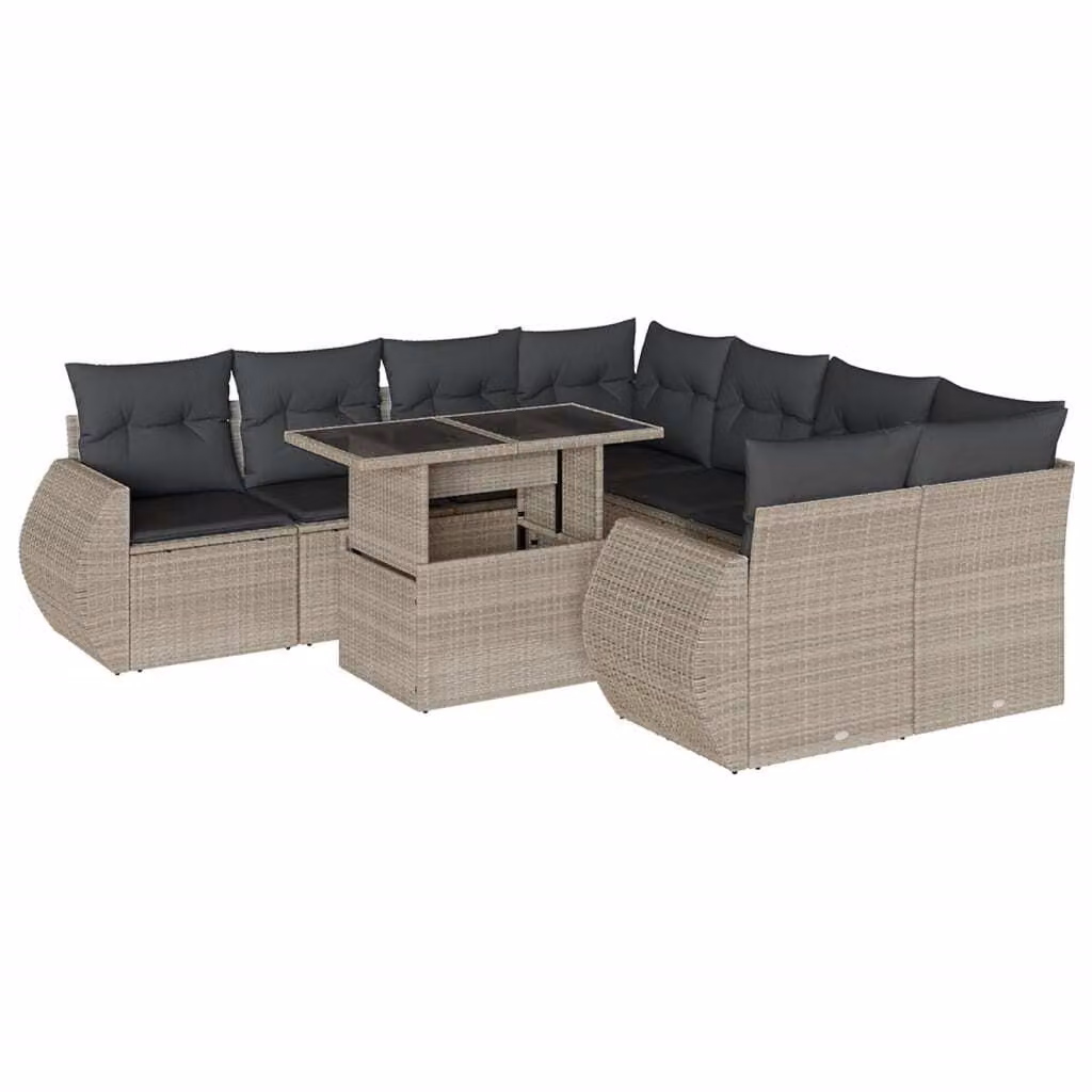 Set Divano da Giardino 9pz con Cuscini Grigio Chiaro Polyrattan