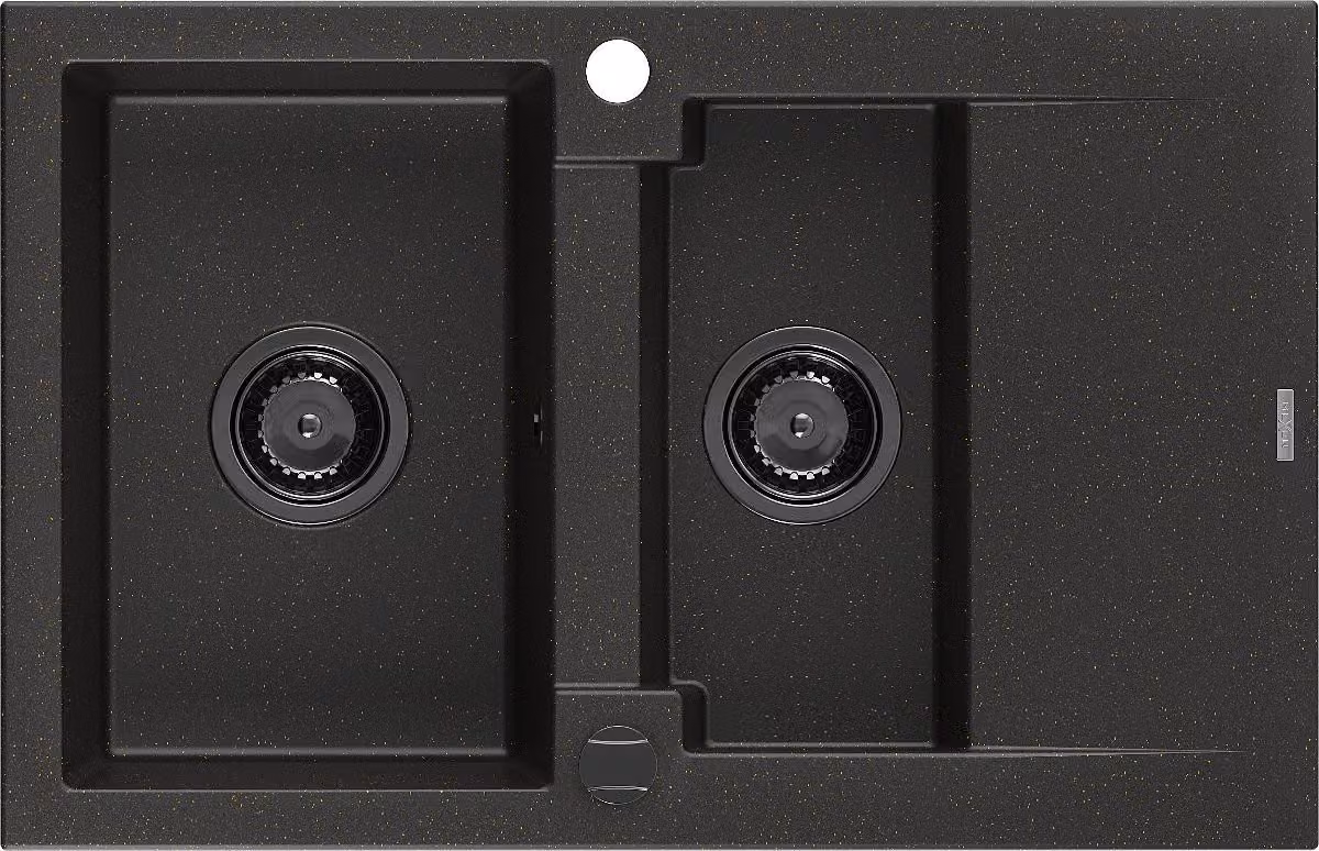 Mexen Gaspar lavello in granito 1,5 vasche con scolapiatti 737 x 475 mm, nero/oro metallizzato, sifone nero - 6507731505-75-B