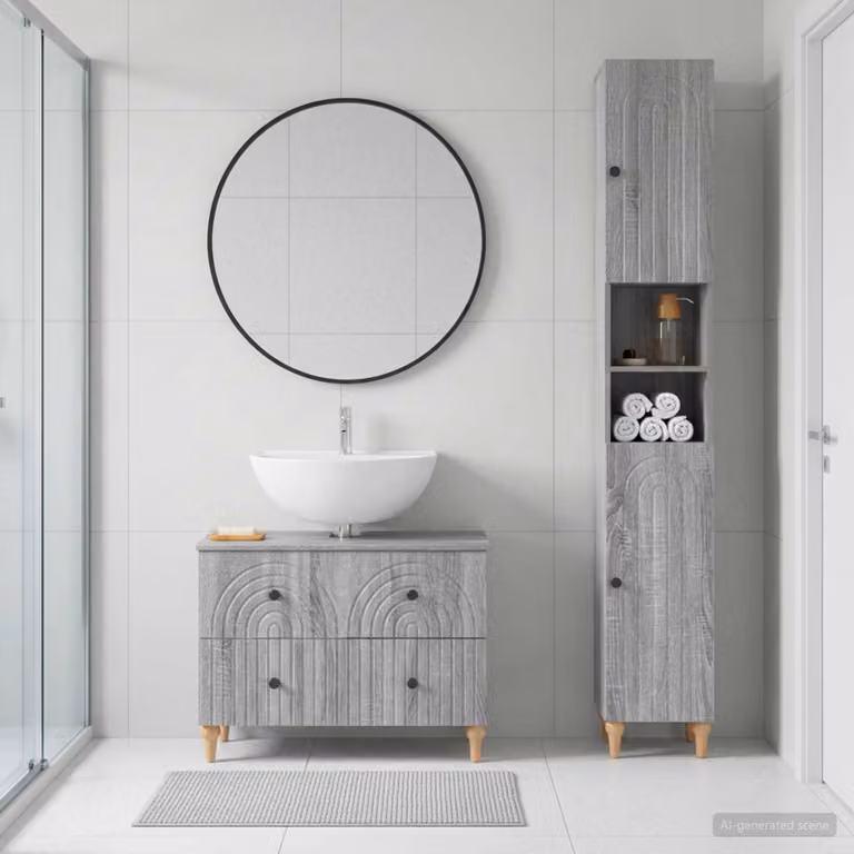 Set di mobili da bagno vidaXL ALKMAAR composto da 2 pezzi in stile moderno, colore grigio, con mobileto alto e mobile sottolavabo in MDF