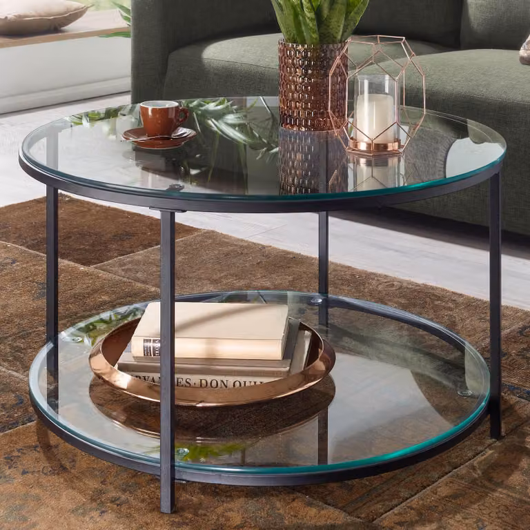 FineBuy tavolino 80x80x45 cm vetro / metallo tavolo da soggiorno rotondo moderno | Tavolino con contenitore | Tavolino con contenitore