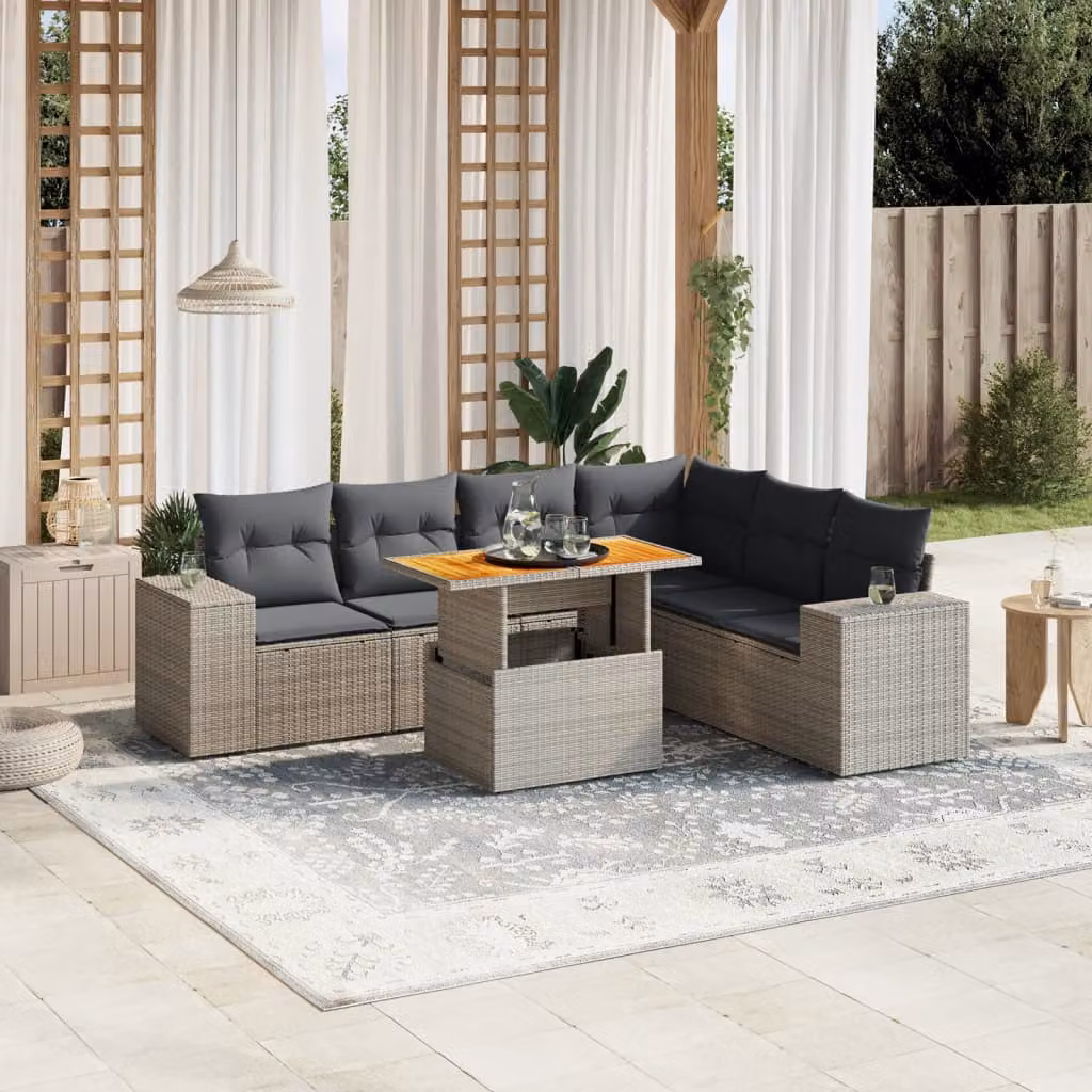 vidaXL Set Divani da Giardino 7 pz a Forma a L in Polyrattan Grigio con Cuscini e Tavolino – 1