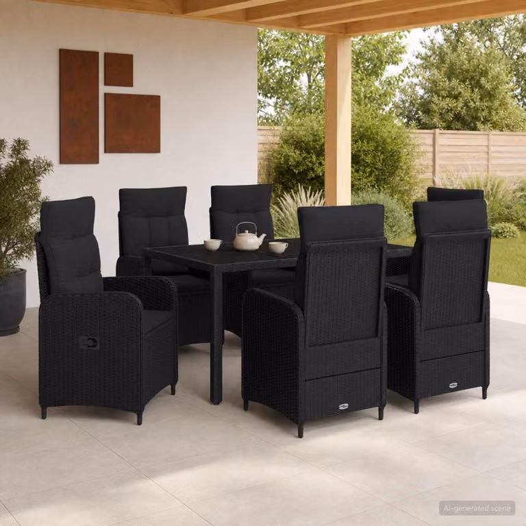 Set da pranzo per esterni vidaXL in polyrattan nero con tavolo in vetro per giardino e terrazzo, 7 pezzi