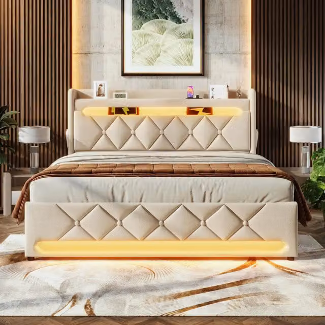 Letto matrimoniale imbottito 160 × 200 cm con vano contenitore testiera USB tipo C LED beige in lino
