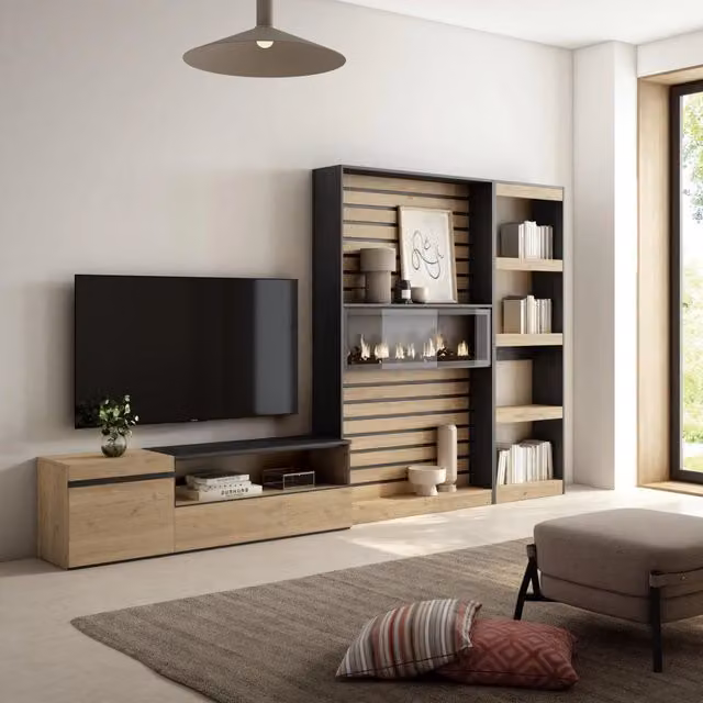 Mobile TV per soggiorno SKRAUT HOME con camino elettrico, colore Rovere e nero, L: 320 cm, P: 35 cm, H: 186 cm – 1