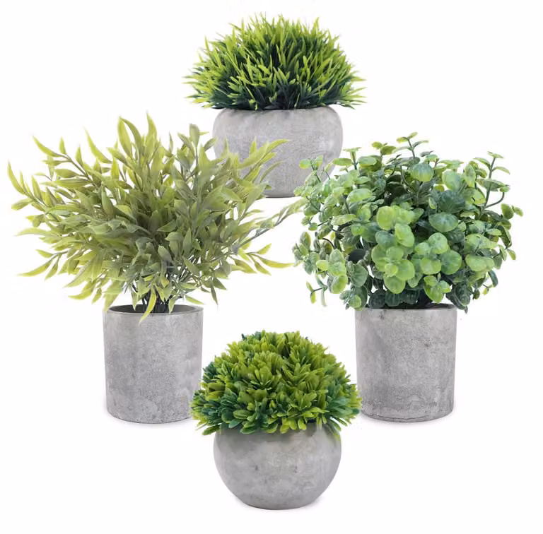 Set di 4 piante artificiali in vaso, decorazione per tavolo, eucalipto, dimensioni: 22x22 cm, 20x20 cm, 13x13 cm, 12x12 cm, materiale: plastica