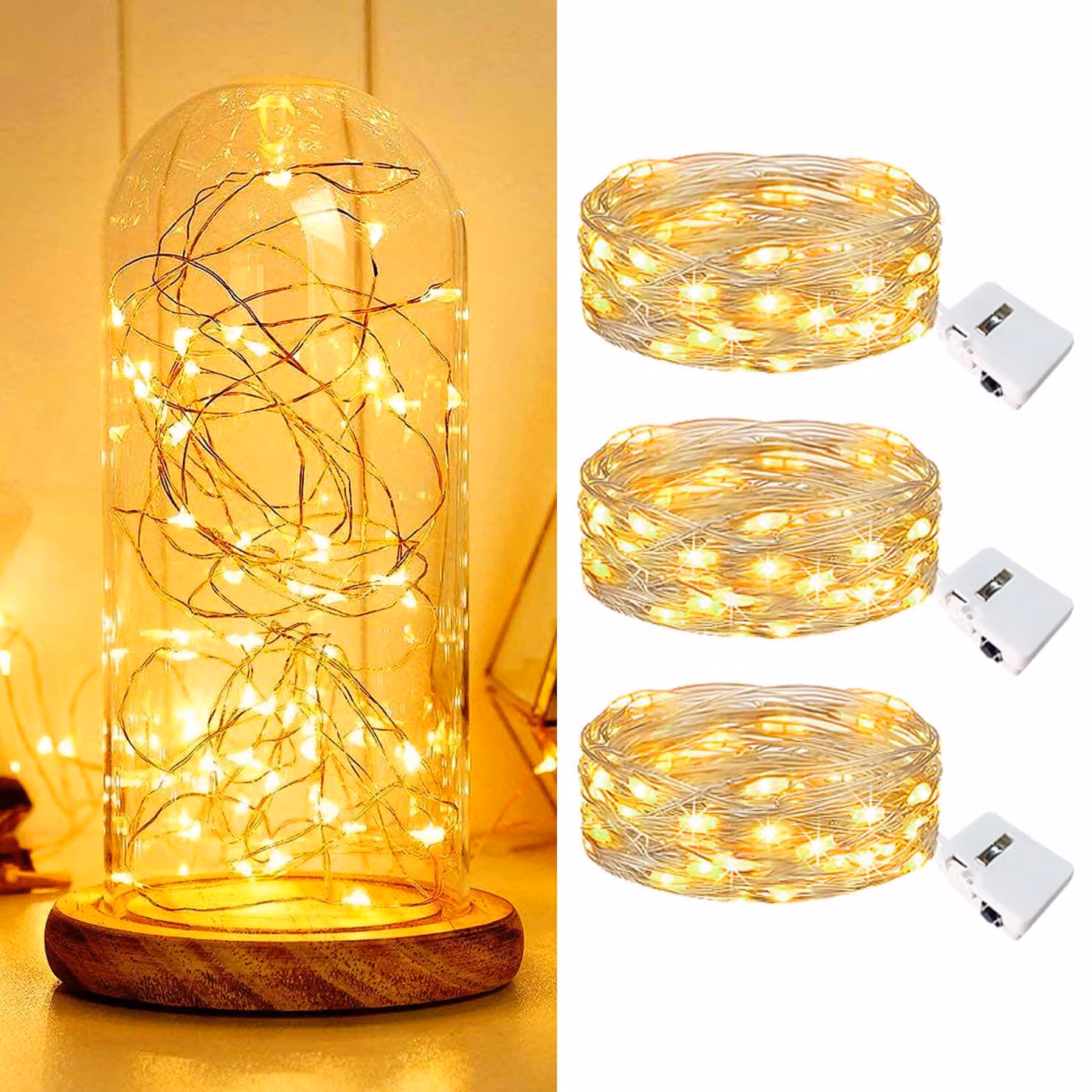 Set di 3 catene luminose a LED, lunghezza 2 metri, 20 LED, luce bianco caldo, alimentazione a batteria