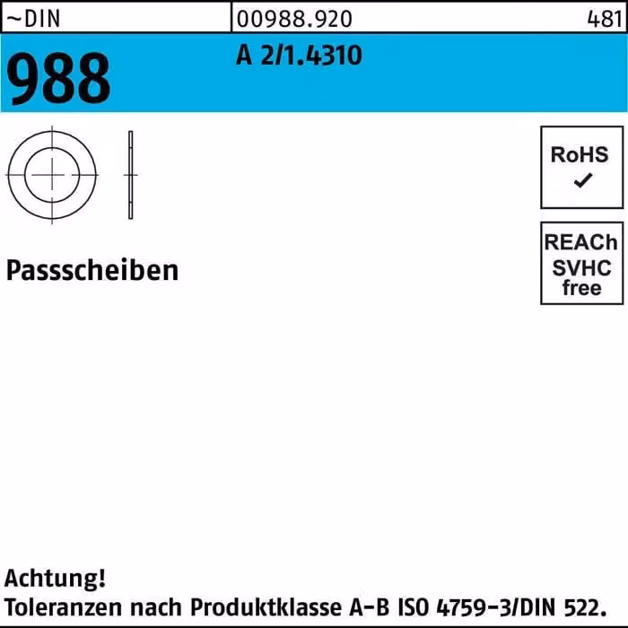 Rondelle di spessore Reyher DIN 988 1.4301 20x28x0,1 Tol. ISO 4759-3/A-B A 2 (100 pezzi)