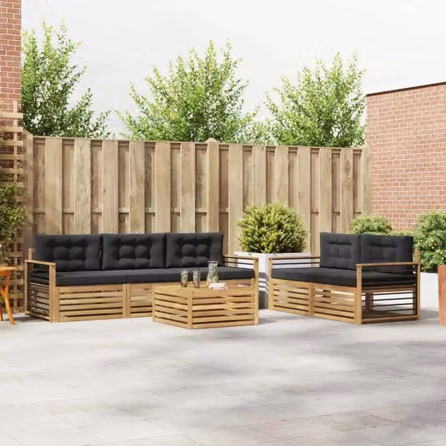 Set di mobili da giardino vidaXL composto da divano a L, poltrone e tavolino da caffè in legno di acacia con cuscini, Bianco e Antracite – 1