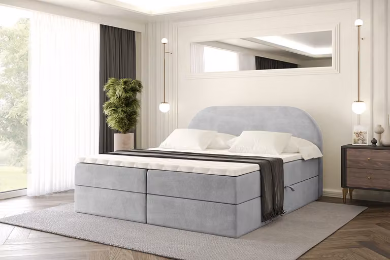 Letto boxspring ALTDECOR con materasso e rete a doghe, topper, letto imbottito con contenitore, letto con spazio contenitivo e materasso H3, letto matrimoniale, letto a cassettoni - NOX - 140x200 - Grigio Monolith