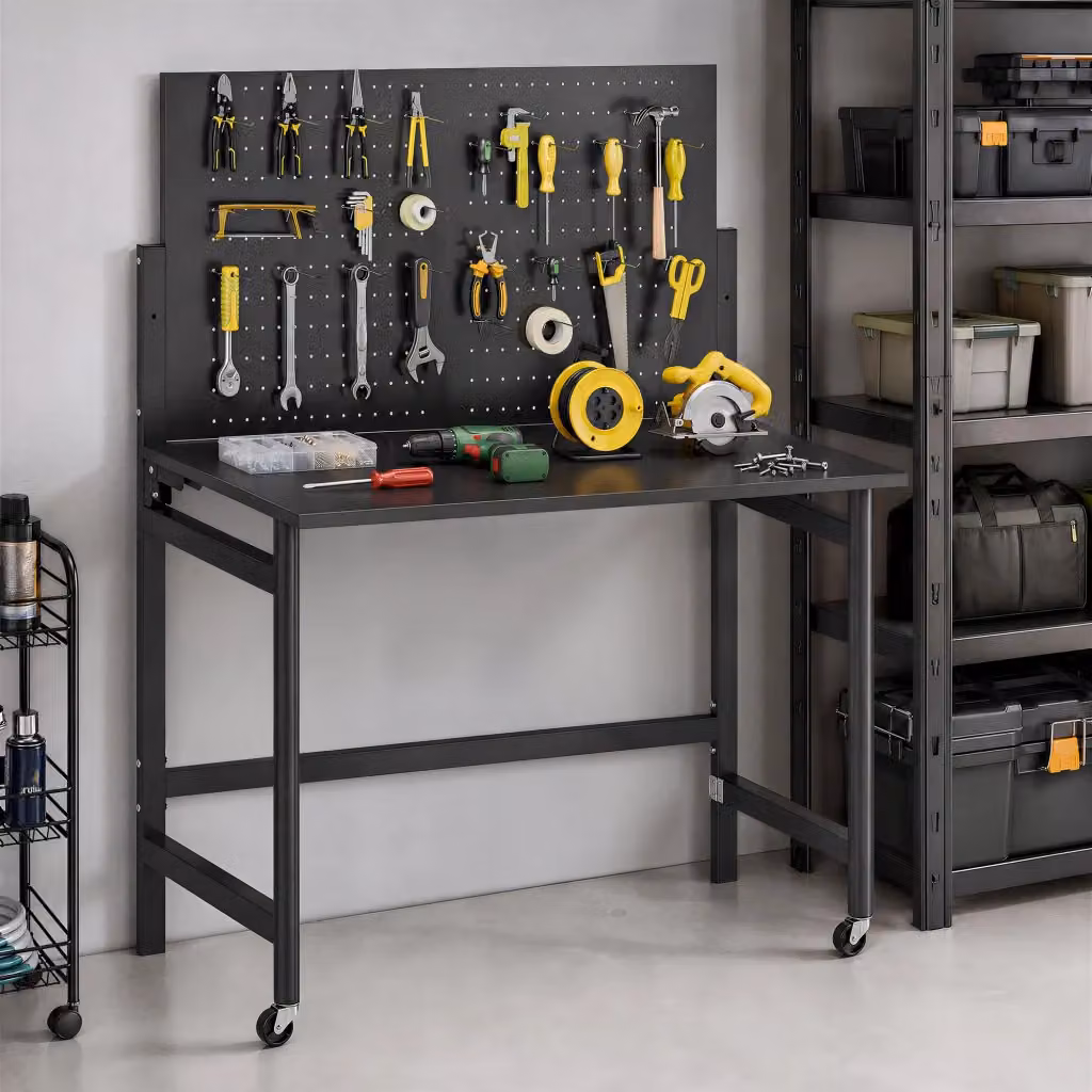 Banco da Lavoro Pieghevole GIORDANOSHOP Nero con Pannello Perforato e Ruote, Struttura in Acciaio e Piano in Legno, L/P/H: 115 x 62 x 143,5 cm – 2