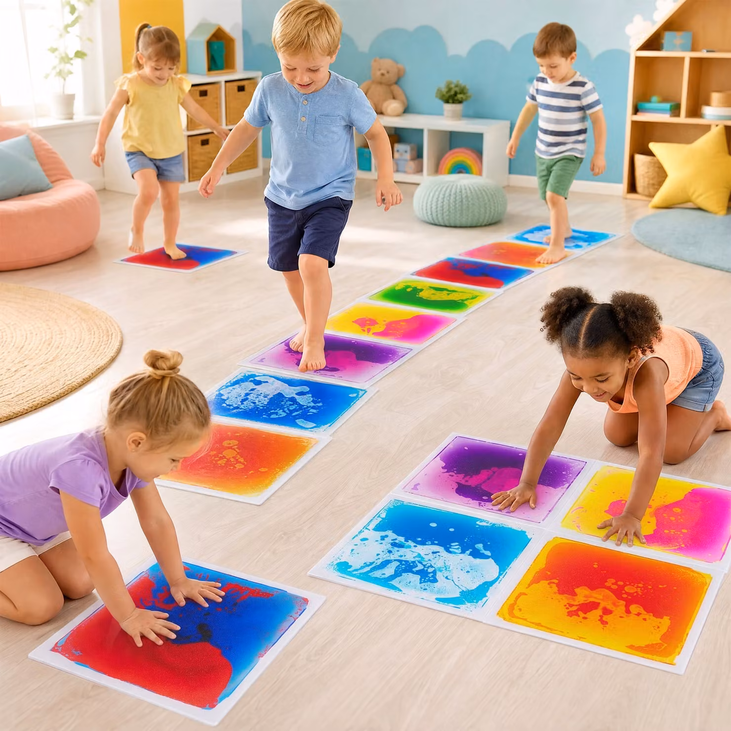 Set di 6 piastrelle sensoriali liquide Costway in PVC multicolore per bambini dai 3 anni in su, ideali per camerette e soggiorno