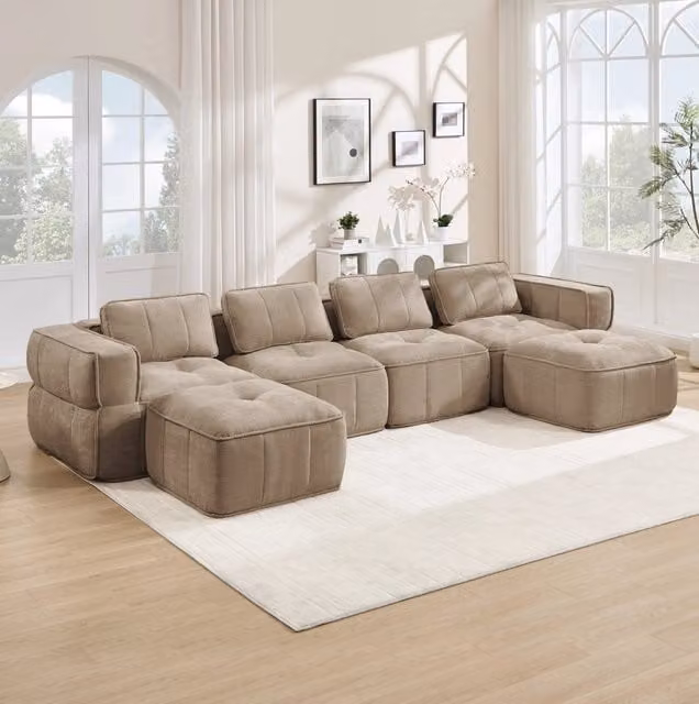 Divano modulare a U MODFU da 4 posti con 2 pouf color sabbia L: 344 cm, P: 162 cm, H: 67 cm – 1