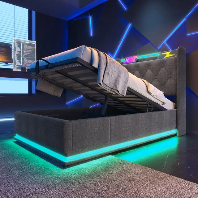 Letto singolo con contenitore Mivray in lino grigio con testiera imbottita, illuminazione LED a 360 gradi e porte di ricarica USB e Type-C, L/P/H: 90 x 200 cm