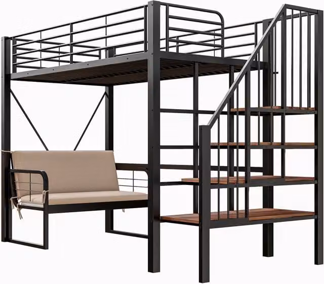Letto a castello Chicfurn con scala contenitore e divano imbottito rimovibile, colore nero, L/P/H: 200 x 90 x 251,5 cm