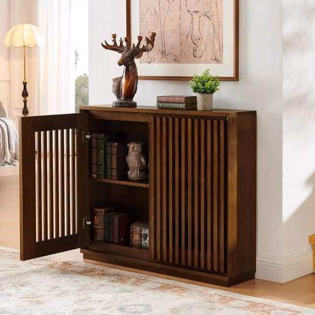 Desviae Credenza vintage con ante a listelli in legno e due aperture posteriori in MDF color noce 99 × 23,5 × 82,6 cm