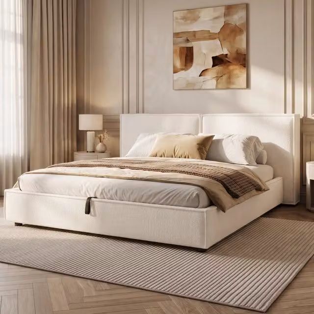 Letto contenitore matrimoniale 180 × 200 cm con sollevamento idraulico, senza materasso, in bouclé bianco