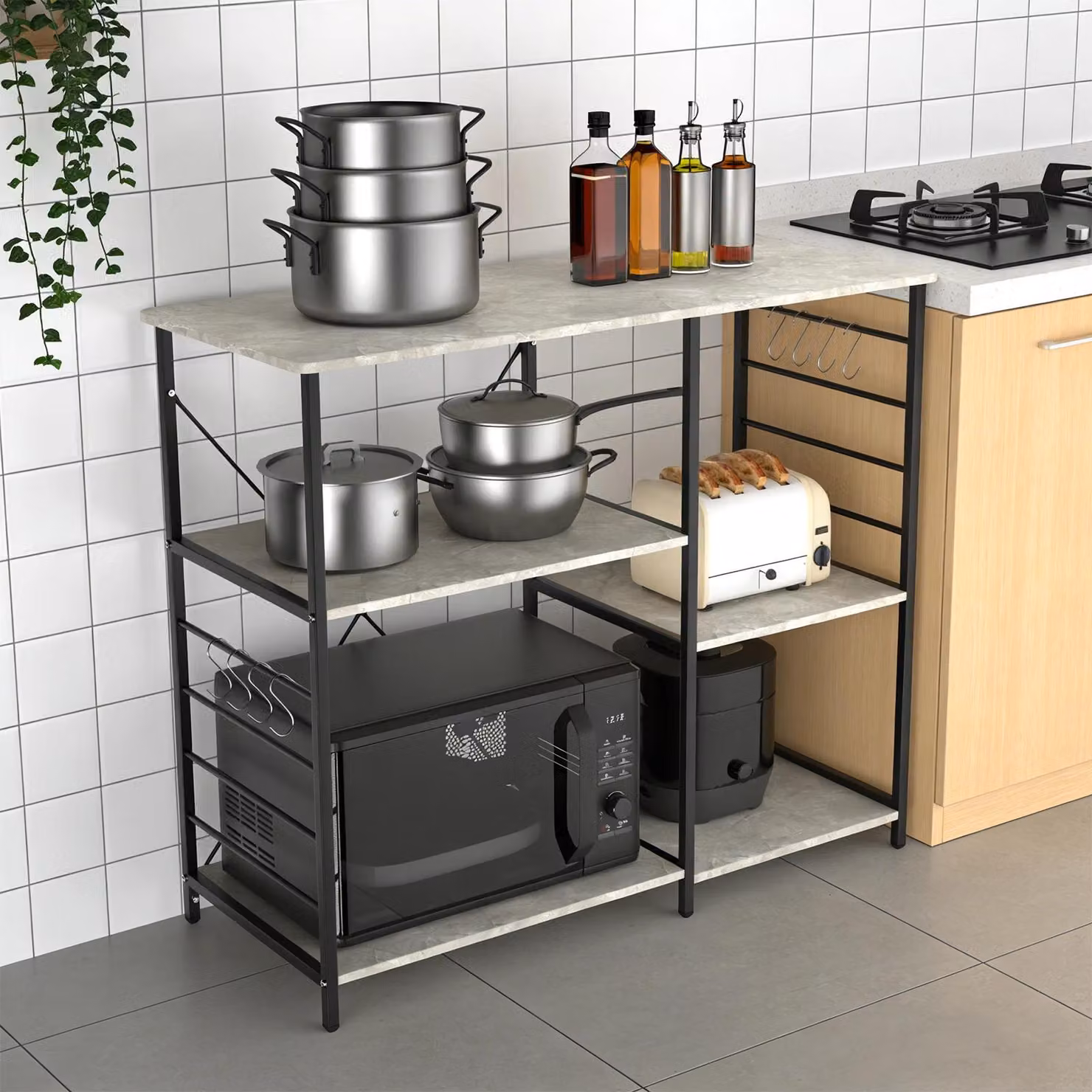 Ripiano per cucina - Ripiano per microonde - 5 ripiani - 8 ganci - Struttura in metallo - Materiale in legno composito - 90 x 39 x 82 cm - Colore 3