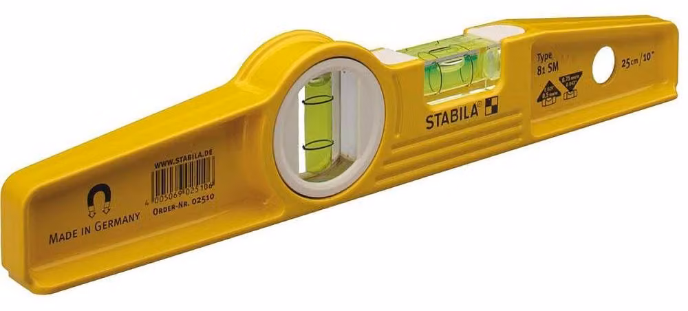 Livella magnetica STABILA, modello 81 SM, a torpedine, 25 cm, profilo in alluminio pressofuso, sistema magnetico potente con magneti ad alta densità, 1 livella orizzontale, 1 livella verticale, prodotta in Germania, colore giallo, con magneti