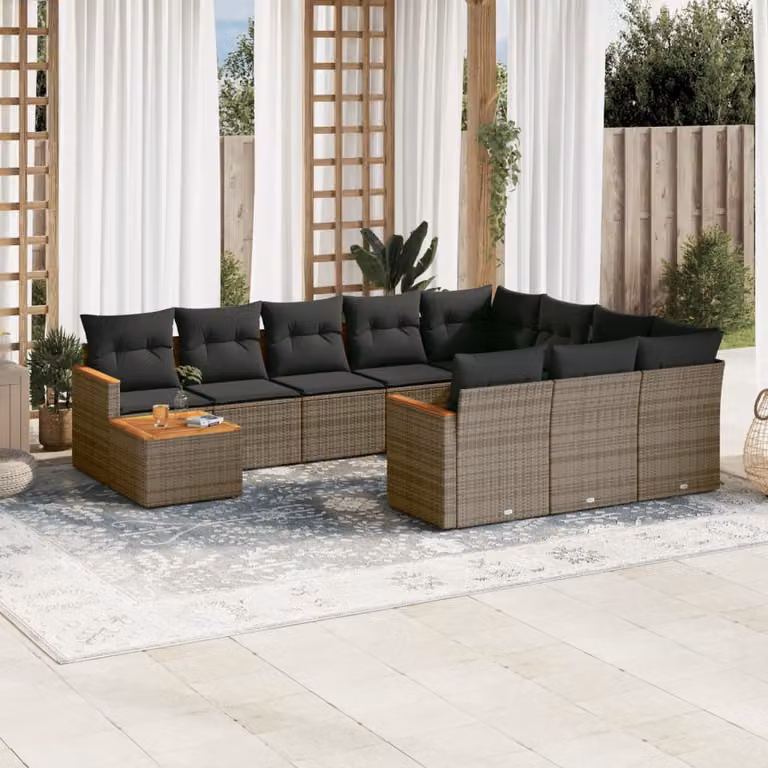 Set di divani da giardino vidaXL 11 pz in polyrattan grigio con cuscini e tavolino da esterno a forma di L