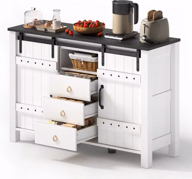 Credenza da soggiorno con 2 porte scorrevoli e 3 cassetti per cucina sala da pranzo e soggiorno 120 × 40 × 80 cm bianco
