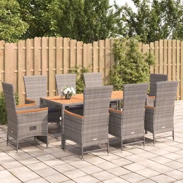 Set da pranzo da giardino vidaXL in polyrattan e legno di acacia con cuscini grigio 9 pezzi – 1
