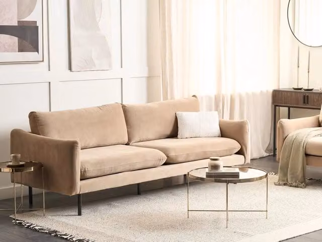 Divano moderno a 3 posti BELIANI in velluto beige con struttura in legno e gambe nere L: 220 cm, H: 86 cm, P: 84 cm