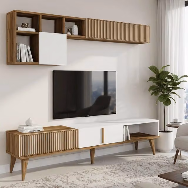 Parete attrezzata Ostro DMORA per soggiorno, composizione moderna con mobile basso, armadio porta TV e mensole, Noce e Bianco, L: 180 cm, P: 35 cm, H: 40 cm – 1
