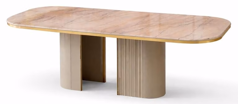 Tavolo da pranzo con piano in marmo e gambe a colonna dallo stile elegante