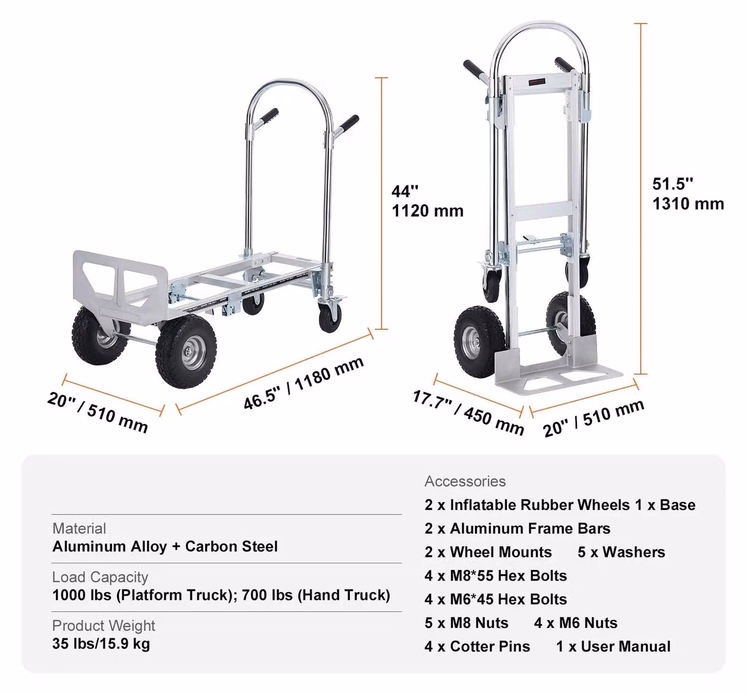 Carrello trasportabile – Carrello manuale – Carrello a piattaforma – Pieghevole – Leggero – Capacità di carico: 454 kg