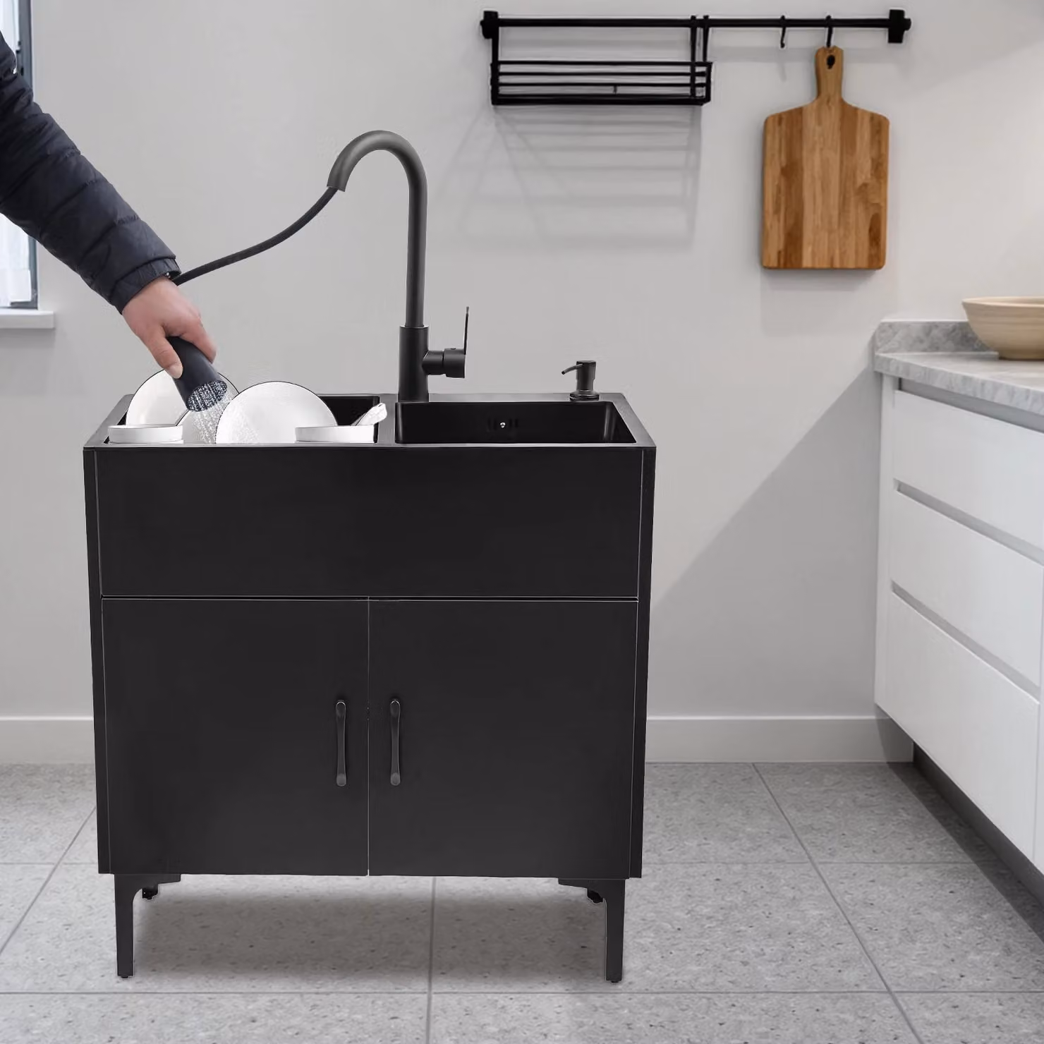 Mobiletti per lavello - Lavello 75 x 41 cm - Doppia vasca - Acciaio inossidabile - Con miscelatore estraibile - Autoportante - Nero