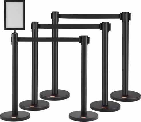 Set di 6 barriere per il controllo della folla VEVOR in acciaio al carbonio con cinture retrattili nere, H: 90 cm, Diametro: 3,2 cm