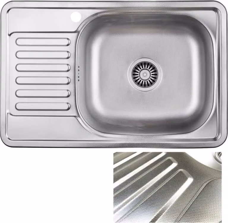 VBChome Lavello da incasso 66x42 Struttura in acciaio inox con finitura effetto tela Sinistra Lavello da cucina con foro per rubinetto Lavello Piano di appoggio Gocciolatoio Sinistra Angolare Set di scarico da campeggio Sifone