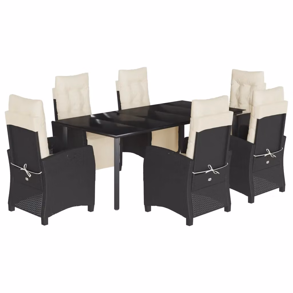 Set da pranzo da giardino vidaXL in polyrattan nero con cuscini bianchi e tavolo in vetro – 2