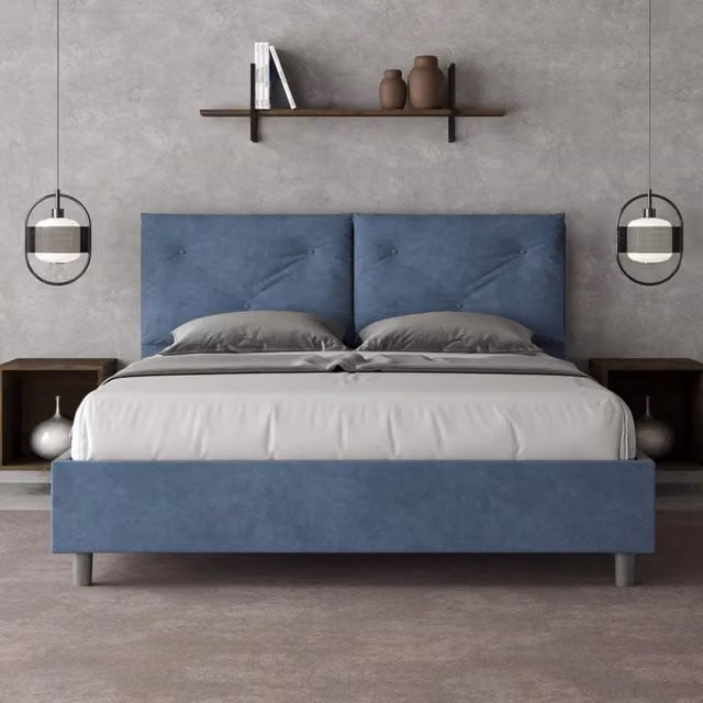 Letto queen size senza rete imbottito 150x210 microfibra blu Appia Large