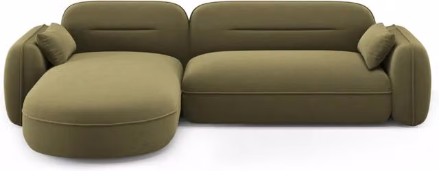 Divano angolare modulare Sydney Cosmopolitan Design a 4 posti in velluto verde chiaro, configurazione sinistra, L/P/H: 275 x 140 x 70 cm – 1