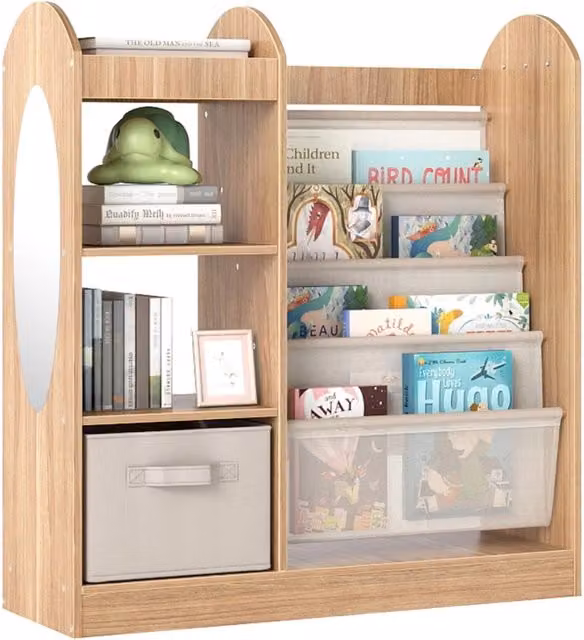 Libreria Montessori per bambini in legno di pino naturale con 4 ripiani, specchio e scaffale giocattoli, stile scandinavo, colore beige e marrone