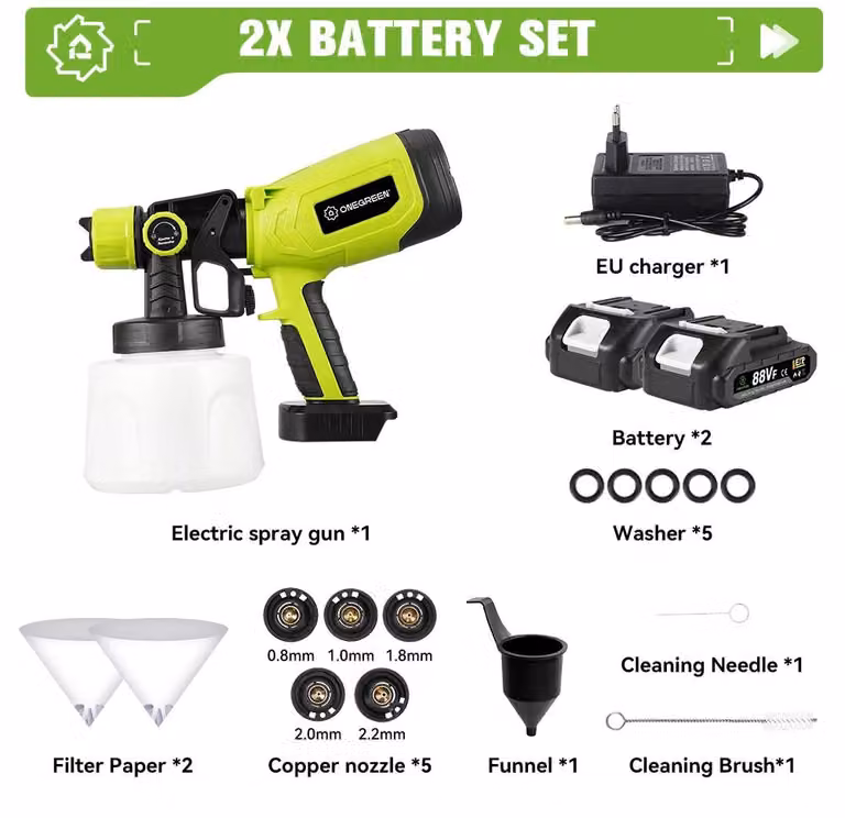 Pistola a spruzzo elettrica - Apparecchio a spruzzo ad alta pressione - 850 W - 1400 ml - 2 batterie - Senza fili - Ugello da 1,2 mm - 18 V