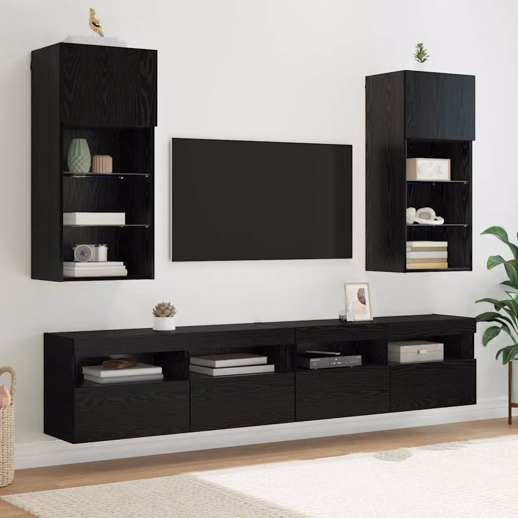 Set di 2 mobiletti TV da parete vidaXL moderni in legno ingegnerizzato nero con illuminazione integrata L 90,0 cm x H 40,5 cm x P 30,0 cm